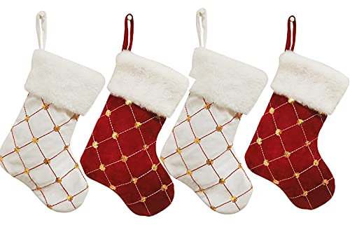 HANTURE Christmas Stockings 4 Pack for Family 9 Inch Mini Embroidery Gold Sequins Christmas Stockings White Luxury Faux Fur Xmas Stocking for Xmas Tree Holiday Party Decoration