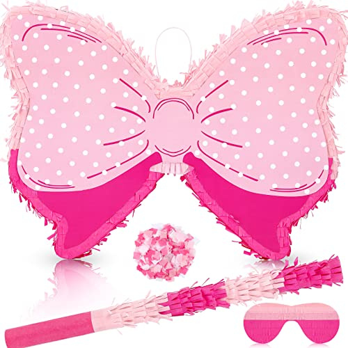 Hungdao Pink Bow Piñata for Girl Birthday Party Decorative Bowtie Piñata with Wooden Stick Blindfold Confetti Set Pink Coquette Birthday Baby School Wedding Supplies(Polka Dot Bow)
