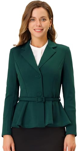 Allegra K Blazer Peplum Vintage de Manga Larga con cinturón y Solapa con Muescas para Mujer Verde Oscuro M