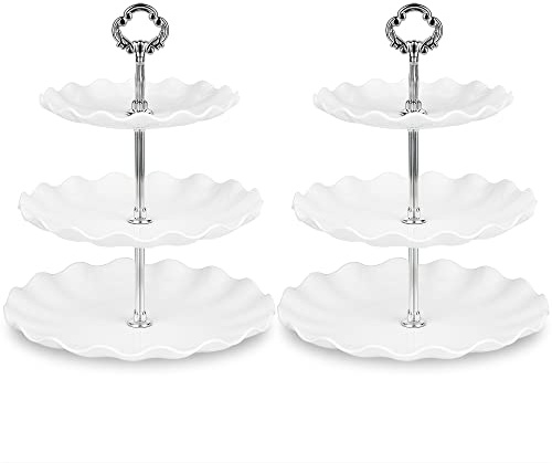 NWK Pack of 2 Large Stable 3-Tier Cupcake Stand 30cm Height Plastic Cake Stand Food Round Display for Wedding Birthday Graduation Afternoon Tea Party (Silver, Large)