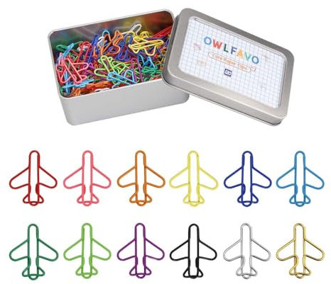 OWLFAVO Büroklammern in Flugzeugform mit Aufbewahrungsbox, 12 Farben, lustige niedliche Büroklammern, Lesezeichen, Planer-Clips für Spaß, Bürobedarf, College, Geschenke, Hochzeitsdekoration, 120 Stück
