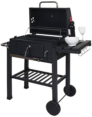 Barbecue BBQ braciere doppia griglia con ripiani e ruote HWC-K93 acciaio 110x100x51cm nero