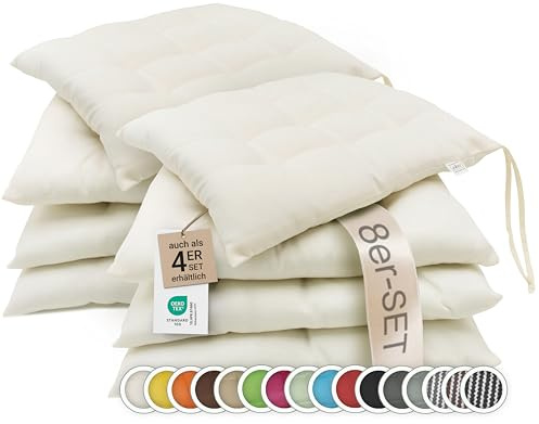 ZOLLNER 8er Set Sitzkissen in 40x40cm - gemütliche Stuhlkissen mit Bindebänder - waschbar bis 30°C - in Creme - Oeko Tex® Zertifiziert