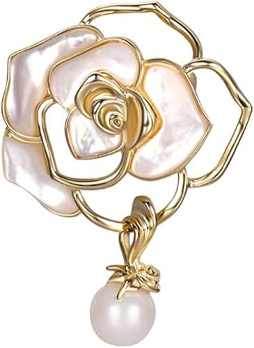 Imitation Perle Brosche Elegante Vintage Kamelie BroschenFrauenschmuck Brosche Glückszahl 5 Mode Unregelmäßig Hohle Brosche, Metall