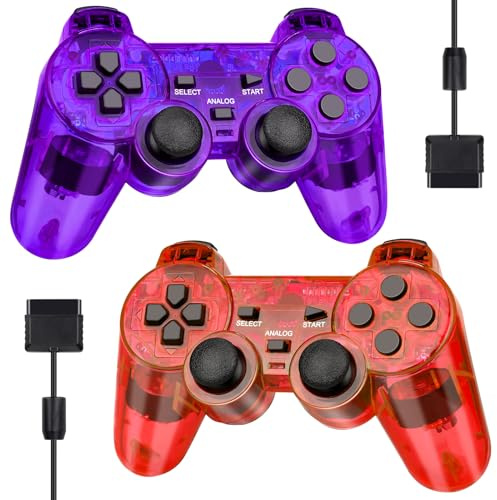Doueuain Controller cablato per PS2, confezione da 2 telecomandi per gamepad a doppio shock, compatibile con Plays tation 2, con cavo da 1,8 m (rosso trasparente e viola trasparente)