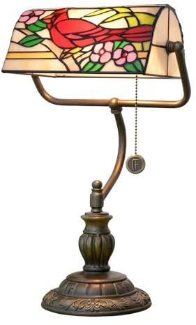 Blivuself Northern Cardinal Bird Tiffany Bankers Desk Lamp Stained Glass Table Lamp Vintage Bedroom Bedside Office Study Pull Chain Reading Desk Light Gift Nightstand Aesthetic Antique Desklamp