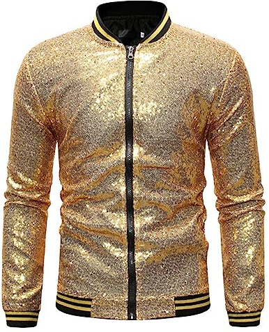 Glitzer Jacket Herren Pailletten-Jacke Metallic Nachtclub Reißverschluss Bomberjacke 80er Jahre Outfit Herren Mode Casual Baseball Bomber Glänzende Jacke Disco Party Karneval Kostüm