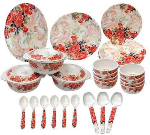 Vajilla redonda de melamina de 40 piezas, color rojo y blanco, juego de cena impreso para cocina
