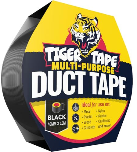 Tiger Tape® Multi-purpose Duct Tape. High Strengh, Waterproof Gaffer Adhesive Cloth Repair Tape. Seals, Reinforces, Protects, Binds and identifies. UV Resistant, All-Weather. Black, 48mm x 10m