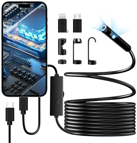 Endoscope Camera with Light, 1920P HD Borescope with 8+1 Adjustable LED Lights, IP67 Waterproof 16.5FT Semi-Rigid Snake Cord Inspection Camera for iPhone, iPad and Android Phone (Dual-Lens)