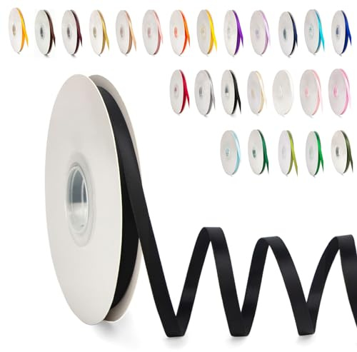 POPOYU 0.6CM Schleifenband Schwarz, 6mm x 91m Polyester Satinband Dekoration Geschenkband Stoffband Seidenbänder für Heimwerkerkunst DIY-Handwerk, Geschenk Verpackung, Schleifen, Hochzeitsdekoration