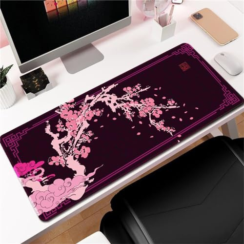 Hixingo Tapis de Souris XXL Fleur de Prunier du Japon, Gamer avec Bords Cousus, Base Antidérapante pour Gaming, Maison (900x400x3mm, Rose)