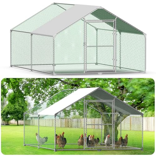 Kidsgigglz Freilaufgehege Hühnerstall，Hühnerkäfig mit Schloss、PVC-Beschichtetes Schatten Dach，Freigehege Aus Verzinktem Metall，Hühnergehege Voliere,Geflügelstall für Hühner Hasen Kleintiere，3X4M