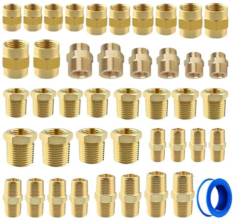 FloFlex Brass Fittings 43pcs Assorted Reducing NPT Kit, Couplings, Bushings, Reducing Coupler, and Hex Nipples 1/8, 1/4 3/8, 1/2