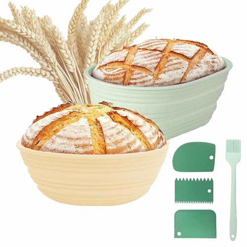 Sourdough Bread Baking Supplies, Bread Making Supplies Tools, Sourdough Starter Kit 9 inch Round & 10 Oval, Silicone Banneton Bread Proofing Basket with Scrapers and Oil Brush for Sourdough