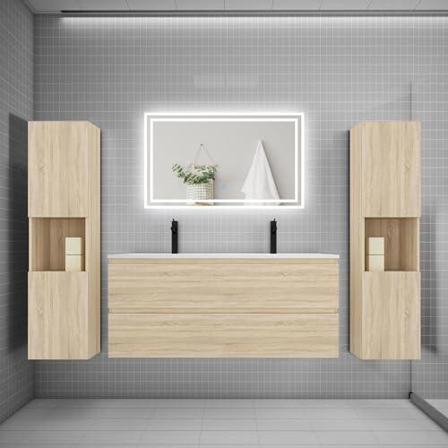 AICA Ensemble Meuble de Salle de Bains 120cm, Double Vasque + Colonne + LED Miroir Mural,chêne