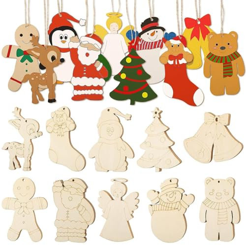30 Stück Holzanhänger Weihnachten zum Bemalen, Holz Weihnachtsanhänger Christbaumschmuck DIY Weihnachtsmann Schneemann Engel Holz Anhänger Weihnachtsdekorationen Ornamenten für Weihnachtsbaum