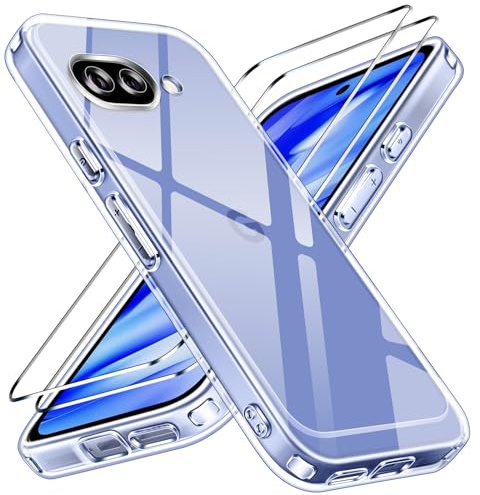 ivoler Nie Vergilbung Klar Hülle für Google Pixel 9A, 1 Handyhülle mit 2 Stück Panzer Schutz Glas, [Militärischer Schutz] Stoßfest Transparent Schutzhülle Dünn Durchsichtige Case