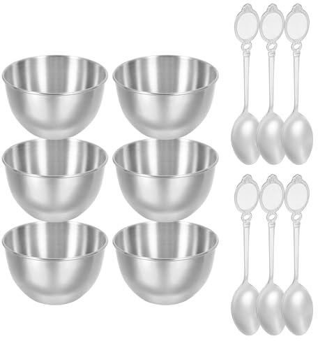 sourcing map Kit di 6 piatti per salsa in acciaio inox da 8,6 cm, piatti e cucchiai, tazze per condimenti, ciotole per sushi, piattini per miscelazione, antipasti, ciotole per contorno, argento