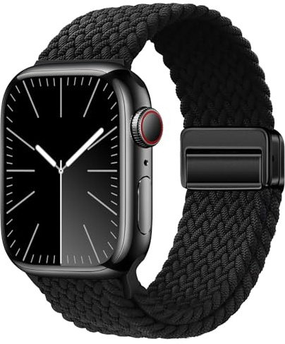 Kompatibelt med Apple Watch-armband 42mm/44mm/45mm/46mm/49mm. Flätat herrband, magnetiskt nylonband för Apple Watch Serie 4/5/6/7/8/9/10/SE/Ultra 2. Elastiskt tygarmband för Apple Watch Black