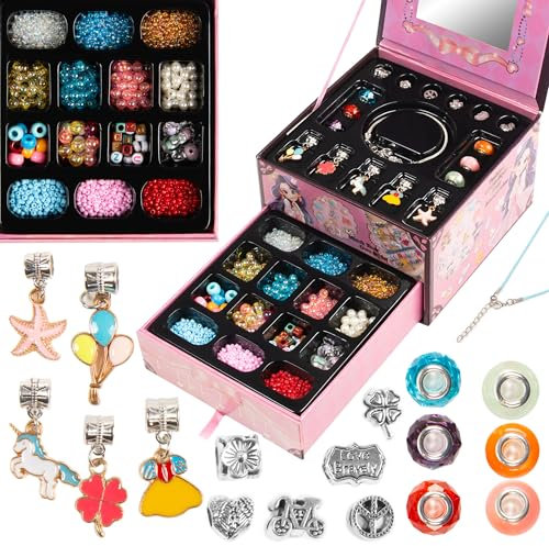 COIL Schmuckset, Kinderschmuck, Perlen zum Auffädeln, Selbstbausatz, DIY, Kreativset, Charm Set, Armband, Kette, Haarschmuck (Bunt-8)