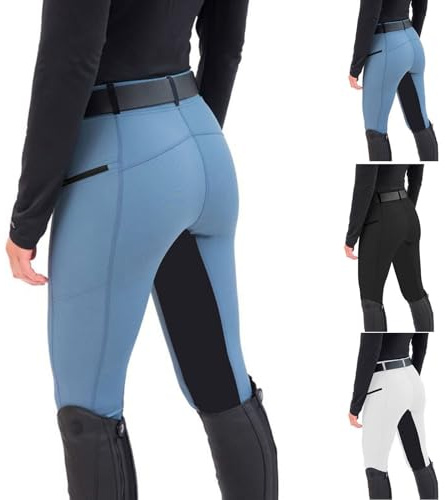 Legging d'équitation pour femme avec poche pour téléphone portable - Stretch - Taille haute - Avec passants de ceinture - Pantalon d'équitation - Legging anti-boulochage - Vêtement d'équitation