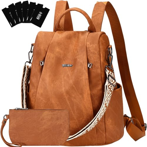 Eshow Womens Backpack Anti Theft Waterproof, Ladies Rucksack Vegan Leather Fashion, Daypack Convertible Small Makeup bag With RFID, Handbag Shoulder For Travel School Work Light Brown
