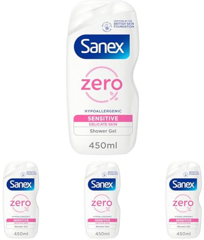 Sanex Zero% Hypoallergenic Sensitive Shower Gel 450ml | 0% fragrance, colourants, sulphates* & soap | 8 hours of hydration | dermatologically tested | ingredients of 93% natural origin** (Pack of 4)