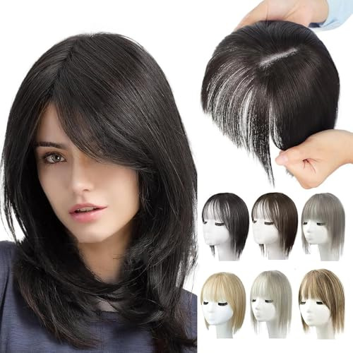 Natürliche Haarteile mit Pony für Frauen, 2025 Neuest Perücken, Kurze Perücken in Bangs mit Schläfen, Haarteile Echthaar Haar Clip in Topper 25 * 10 * 5 CM (L)