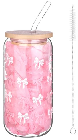 Haiabei Tazza in vetro con fiocco rosa con coperchio e cannuccia, 16 oz Coquette Bow Design Glass Tumbler, vetro iced caffè, estetico, a forma di lattina, per donne, ragazze, amici