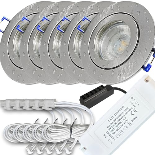 LED Decken Einbauspots 5er Set –, IP44, Feuchträume, Niederspannung 12V, 400 Lumen, Neutralweiß, 5W, Rund, inkl. Netzteil & 120cm Zuleitung mit AMP Stecker. Bad, Dusche, überdachter Aussenbereich