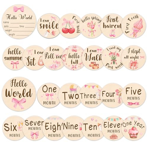 Baby Monthly Milestone Cards Sign - 13 Pcs Double Sided Baby Announcement Signs Bow, Pink Bow Wooden Milestone Circles Discs for Photo Props, Birth Announcement Marker Girl, Babies Welcome Card Gift
