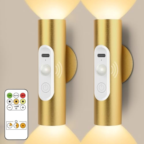 Akku Wandleuchte Innen Ohne Stromanschluss, Wandlampe Nachtlicht Lampe LED mit Bewegungsmelder Schalter Fernbedienung, Bilderleuchte Kabellos, Leselampe Bett Flurlicht Dimmbar 3 FarbT, Gold 2 Stück