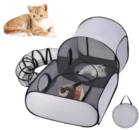 Katzenlaufstall – Kätzchen Laufstall | Katzenzelt Tunnel | Katzenhaus mit Hundegehege | Faltbarer Lebensraum mit interaktivem Spielzeug, Aktivitätshof für Welpen, kleine Haustiere, Reise- und