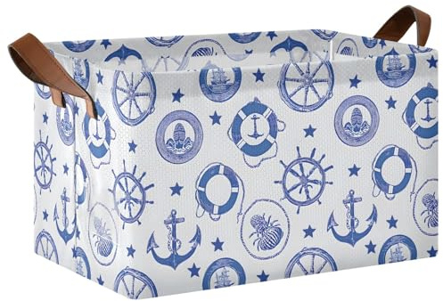 ISAOA Cestino portaoggetti rettangolare con timone blu, motivo ancora e stella, con manici, per organizzare casa, cucina, ufficio, camera da letto, giocattoli, armadio, mensola, cestini