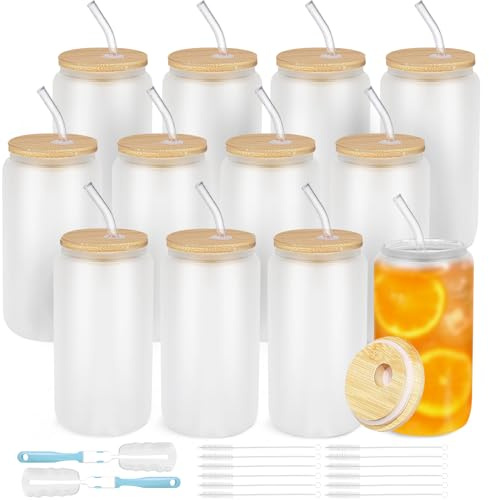 12 Pcs Frosted Glass Cups with Lids and Straws 16 oz Iced Coffee Cups Set | Reusable Beer Can Shaped Glass Tumbler, Drinking Glasses for Smoothies, Tea Water Matcha Cup, Juice, Soda, Cocktail