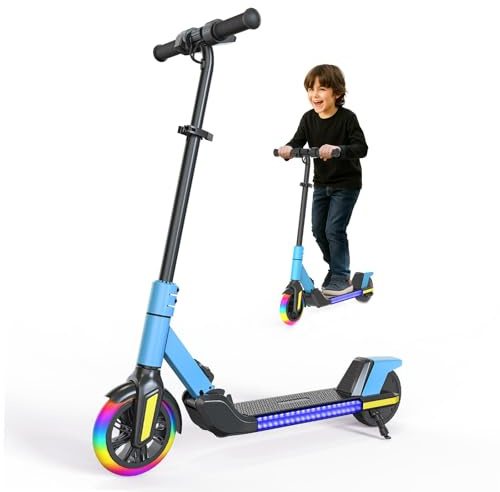 Trottinette électrique Pliable pour Enfants (6 à 14 Ans), Vitesse maximale 16 km/h, portée 8 km, Roue Avant de 7 Pouces avec Fonction Auto-éclairante, Roue arrière de 6 Pouces (Bleu)