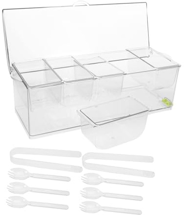 Cabilock Plateau à Condiments Glacé Compartiments avec Couvercle Plateau Plastique Robuste avec Pinces et Cuillères pour Service Réfrigéré Organiseur pour Bar Buffet et