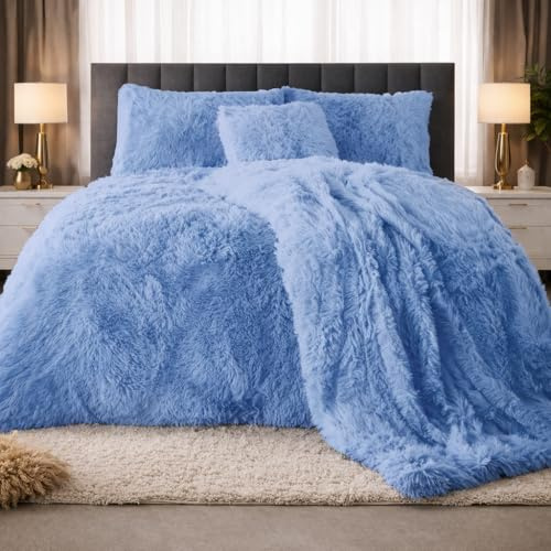 PARADISE STAR Teddy Bear Cuddles Fleece Duvet Cover Set – Alaska Luxury Faux Fur Bedding with Matching Pillowcases, Super Soft Warm Plush Winter Quilt Cover Bed (Denim Blue, Double)