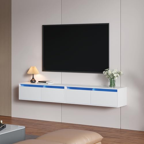 KEEPREAPER Lowborad hängender TV-Schrank mit LED-Beleuchtung 200cm Weiß | Fernsehschrank, grifflose TV-Board, für Wohnzimmer mit Klapptür