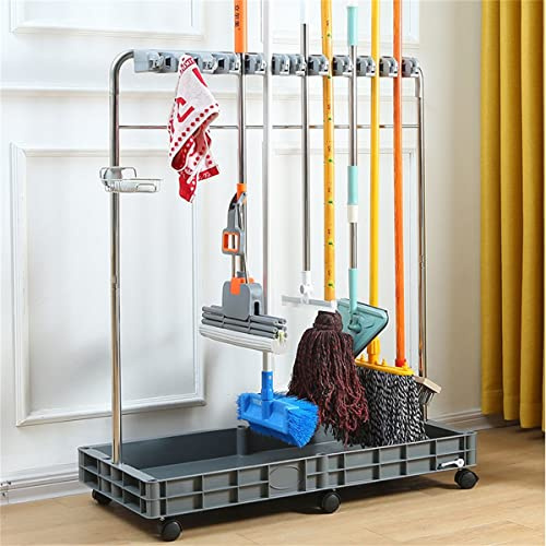 XSDAJSD Broom And Mop Holder, Stainless Steel Cleaning Cart, Movable Janitorial Cart with Wheels, Floor Mounted Home Cleaning Cart for Garden Factory Cleaning Tools Storage,10 slots