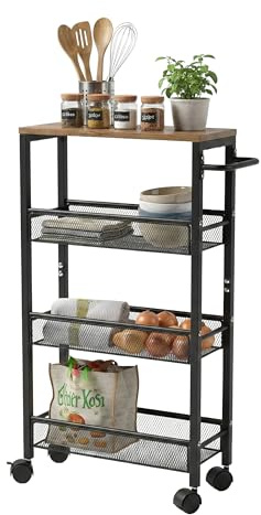 Relaxdays Scaffale da nicchia in Metallo con 4 Ripiani, Ruote, 77x13x45 cm, Marrone/Nero