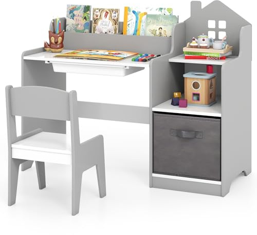 COSTWAY Set Scrivania e Sedia per Bambini 3-12 Anni, Tavolo e Sedia in Legno Salvaspazio con Cassetto in Plastica e Cassetto in Tessuto, Banco Scuola e Seggiola per Cameretta (Grigio)