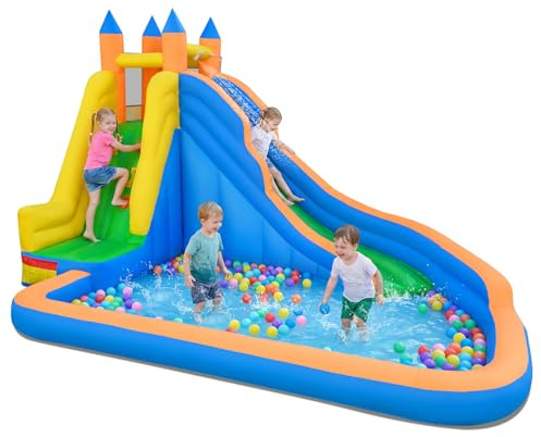 GOPLUS Aufblasbare Hüpfburg, Wasserhüpfburg mit Wasserrutsche, Kletterwand & Planschbecken, Wasserpark bis zu 90 kg belastbar, Bouncy Castle Outdoor für Kinder 3-12 Jahren, 400 x 309 x 245 cm