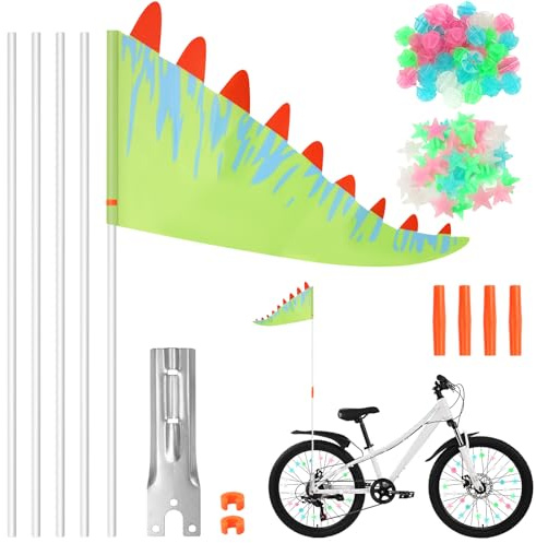 Fahrradfahne für Kinder Verstellbare 166cm mit 72 Bunten Fahrradspeichen | Grün Dinosaurier Fahrradwimpel, Sicherheitswimpel mit Wimpelstange & Speichenklicker, Fahrrad Zubehör für Jungen und Mädchen