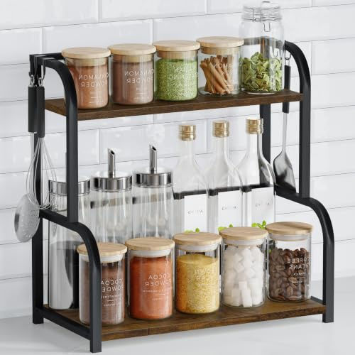 Kitchen Shelf Organiser Coffee Station - 2 Tier Spice Rack Storage Cupboard | Retro Natural Wooden Shelves for Counter Top Organizer - Small Desk Worktop Organisation Unit Free Standing Coffe Bar