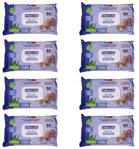 Salviette Senior Igiene Adulti Maxi 20 x 28 cm, 400 pz (8 confezioni da 50 salviette) Aloe Vera, Glicerina e Vitamina E, Senza Alcool, pH Fisiologico