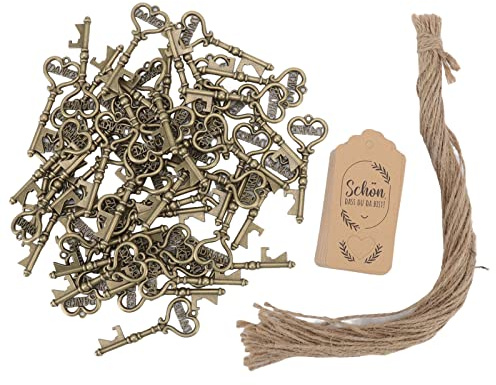 BAFOVY Apribottiglie in Lega a Forma di Chiave Apribottiglie 50 Set con Etichette di Carta Cavatappi retrò per Bomboniere di Nozze Banchetti di Compleanno Baby Shower Ospiti