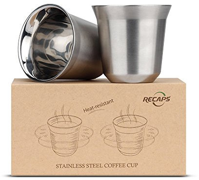 RECAPS Set di tazze da caffè espresso in acciaio inossidabile da 80 ml - Confezione da 2 tazze Demitasse in acciaio inossidabile 304 a doppia parete da 2,7 once