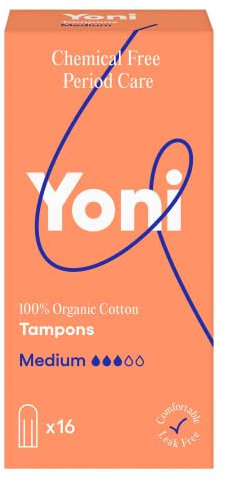 Yoni | Tampons Medium | 16x Tampons aus 100% Bio-Baumwolle | Hypoallergene und Atmungsaktive Bio-Tampons | Frei von Kunststofffolien und Synthetischen Inhaltsstoffen